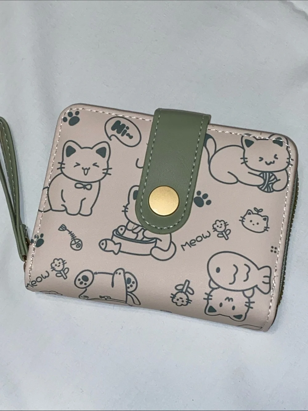 Cat Print Zip Wallet with Wrist Strap - Pink and Green
